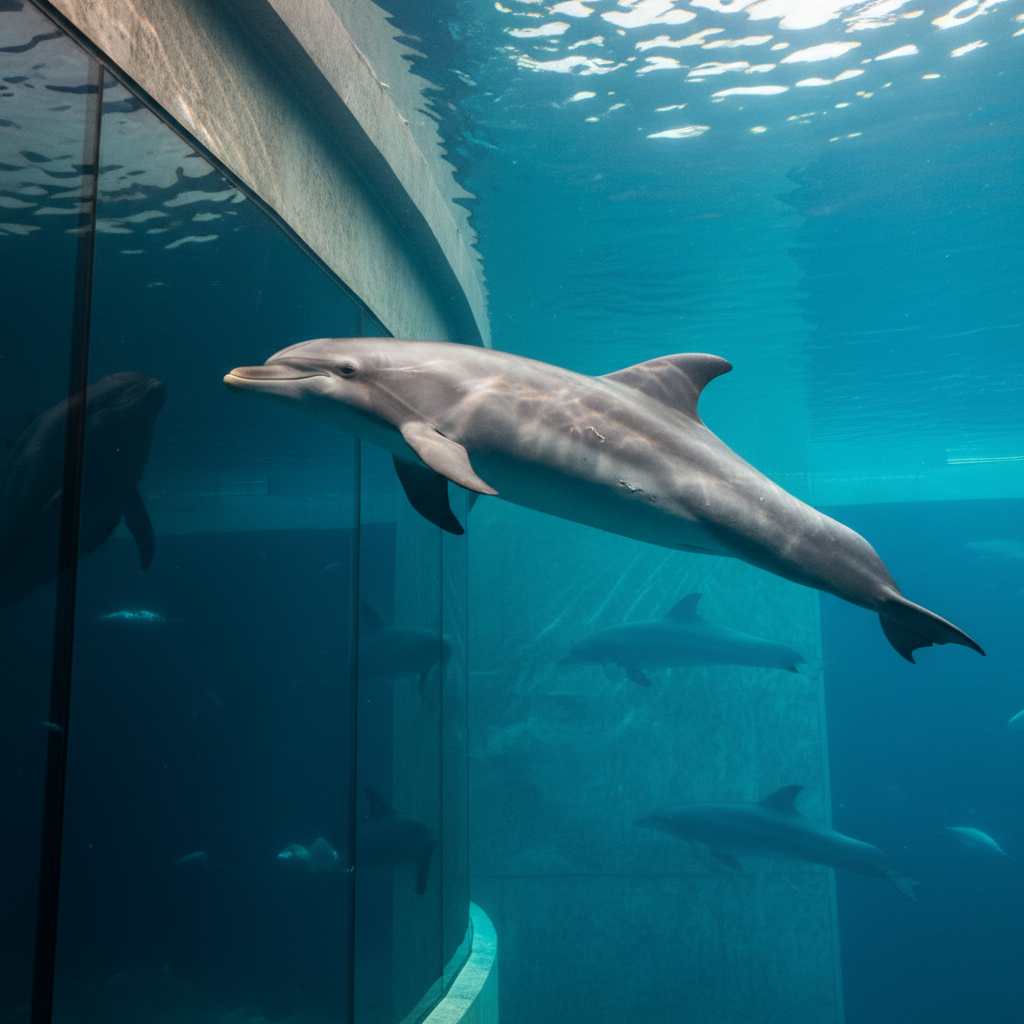 A serene, photographic underwater scene showing a bottlenose dolphin gliding past a large viewing window in a modern aquarium tank. The dolphin is captured in profile, mid-swim, with smooth grey skin, small scars, and rippling musculature clearly visible. Soft, turquoise light filters from above, casting moving patterns across its body and the textured concrete walls. In the background, other dolphins appear as softer silhouettes, adding depth without distraction. The large glass panel dominates one side of the frame, reflecting faint, abstract shapes but no distinct people. The mood is contemplative and slightly bittersweet, emphasizing the contrast between the dolphin’s effortless movement and the contained environment, shot from a slightly low angle in crisp, realistic detail.