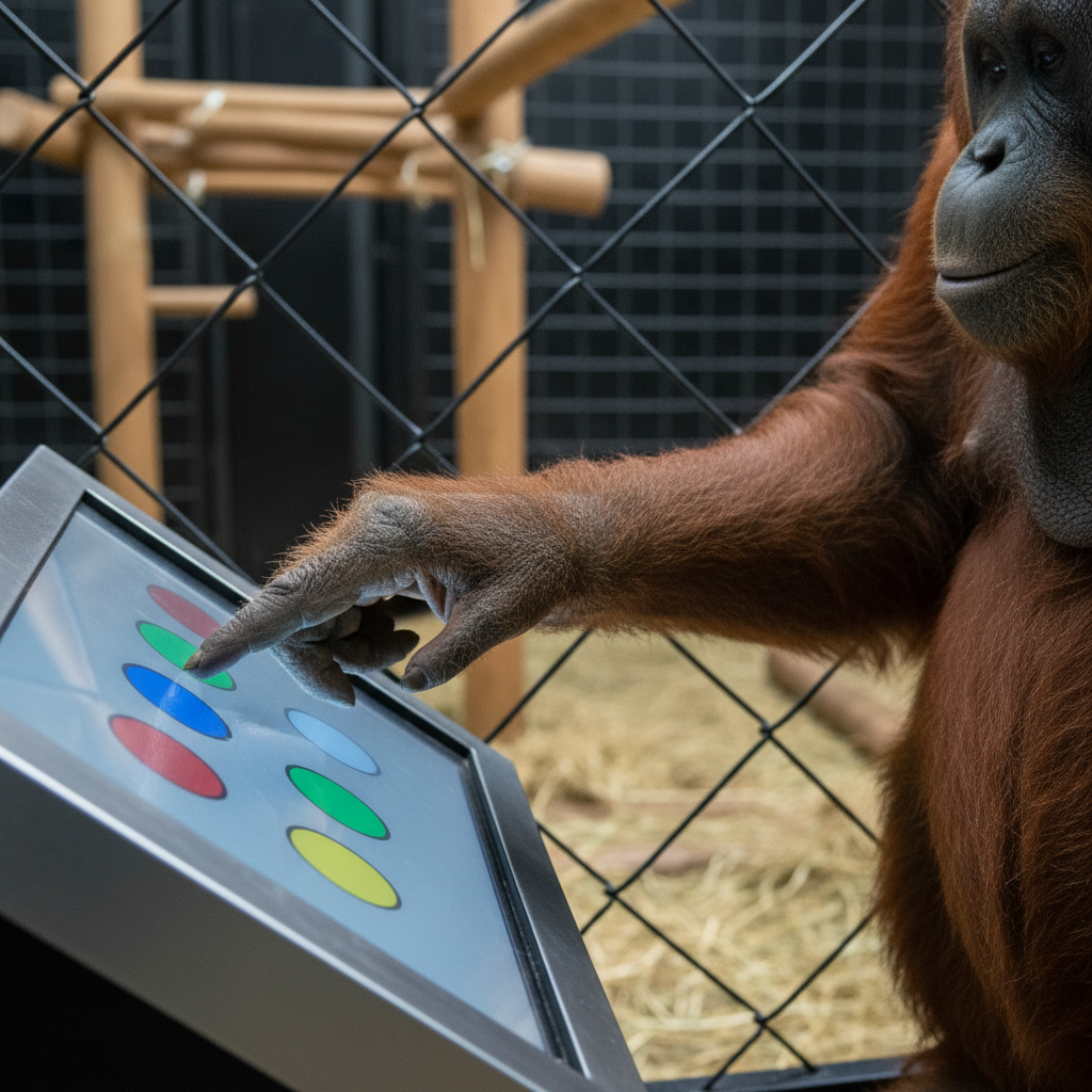 A high-resolution, photographic close-up of a laboratory-style touchscreen mounted behind clear protective glass, being used by an orangutan whose long, reddish-brown arm reaches toward brightly colored shapes on the screen. Only the forearm, hand, and part of the torso are visible, with detailed wrinkles, hair texture, and nails sharply in focus. The screen glows softly in a dim, controlled indoor environment, its cool light reflecting faintly on the orangutan’s fur and the surrounding frame. Background elements—enclosure mesh, climbing structures, straw bedding—are softly out of focus but recognizable, anchoring the scene in a captive research setting. The mood is thoughtful and slightly mysterious, highlighting animal cognition studies without any humans present, composed with a slightly off-center, documentary aesthetic.