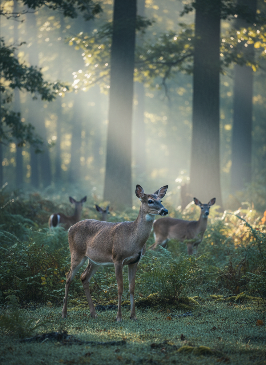 A wide, photographic view of a lush, temperate forest clearing at dawn, with a small herd of white-tailed deer cautiously emerging from dense undergrowth. One doe stands in the foreground in sharp focus, ears pricked and muscles tense, clearly alert to distant, invisible activity. Beads of dew cling to grass and her fur, catching pale, bluish early-morning light that streams between tall trunks and drifting mist. The background gradually softens into a gentle bokeh of foliage and tree shapes. The mood is quiet and watchful, evoking the vigilance and uncertainty of wild animals sharing space with unseen human presence. Framed with an eye-level composition and a subtle cinematic depth, emphasizing realism and the fragile boundary between wildlife and human-dominated landscapes.