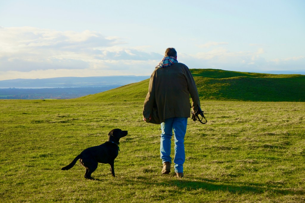 Dog walking alongside owner on a grassy bluff